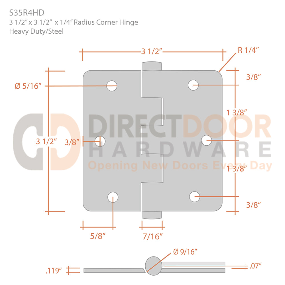 Deltana 3 1/2 x 3 1/2 Inch 1/4" Radius Corner Heavy Duty Hinge Measurements