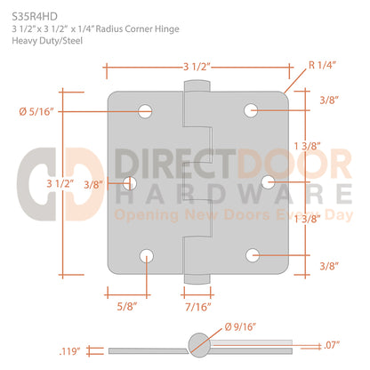 Deltana 3 1/2 x 3 1/2 Inch 1/4" Radius Corner Heavy Duty Hinge Measurements