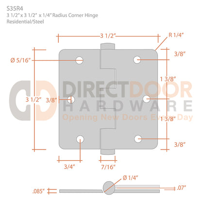 Deltana 3 1/2 x 3 1/2 Inch 1/4" Radius Corner Steel Residential Hinge Measurements