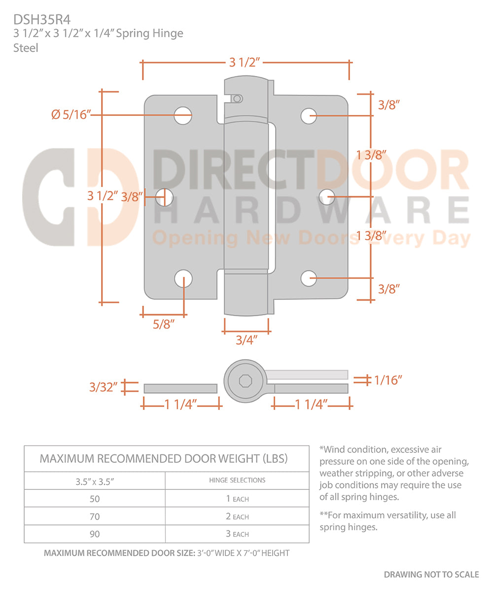 Measurements for Deltana 3 1/2 x 3 1/2 Inch Spring Hinge 