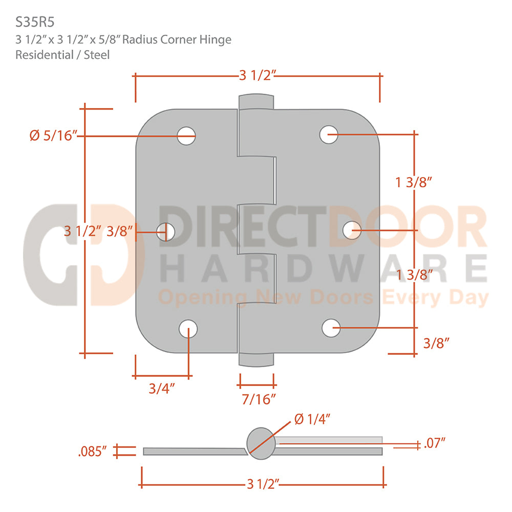Deltana 3 1/2 x 3 1/2 Inch Steel Door Hinge Measurements