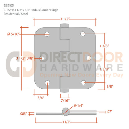 Deltana 3 1/2 x 3 1/2 Inch Steel Door Hinge Measurements