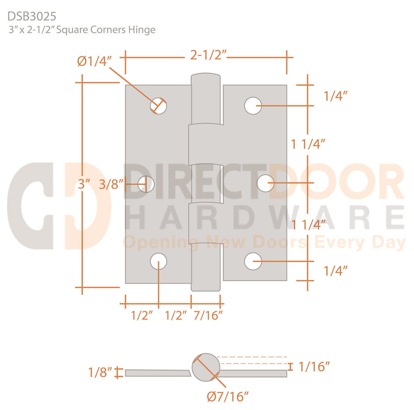 Deltana 3 x 2.5 Inch Square Corner Hinge Measurements