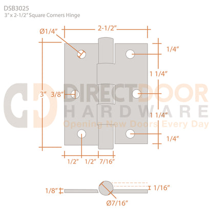 Deltana 3 x 2.5 Inch Square Corner Hinge Measurements