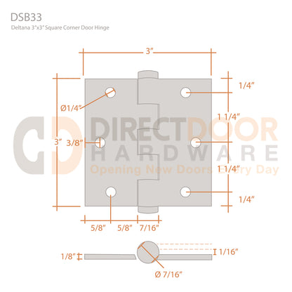 Deltana 3 x 3 Inch Square Corner Hinge Measurements