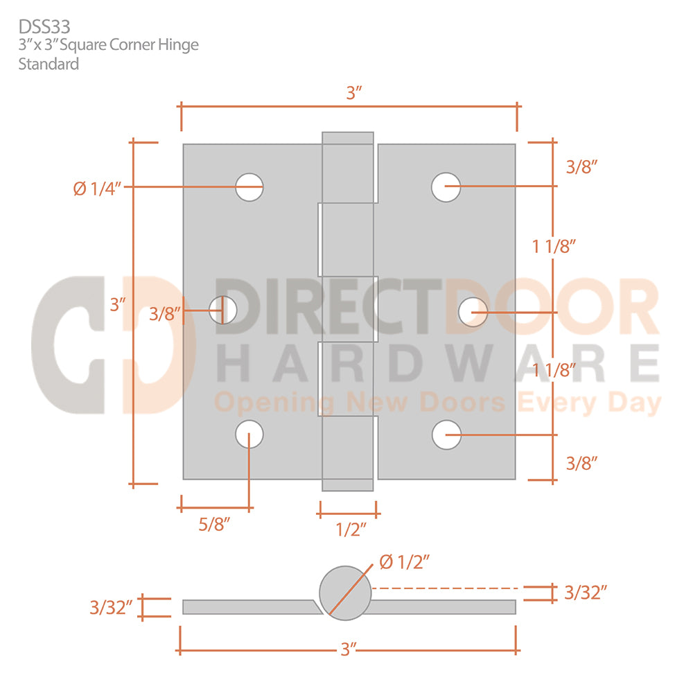 Deltana 3" x 3" Square Corner Stainless Steel Hinge Measurements
