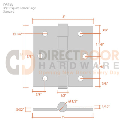 Deltana 3" x 3" Square Corner Stainless Steel Hinge Measurements