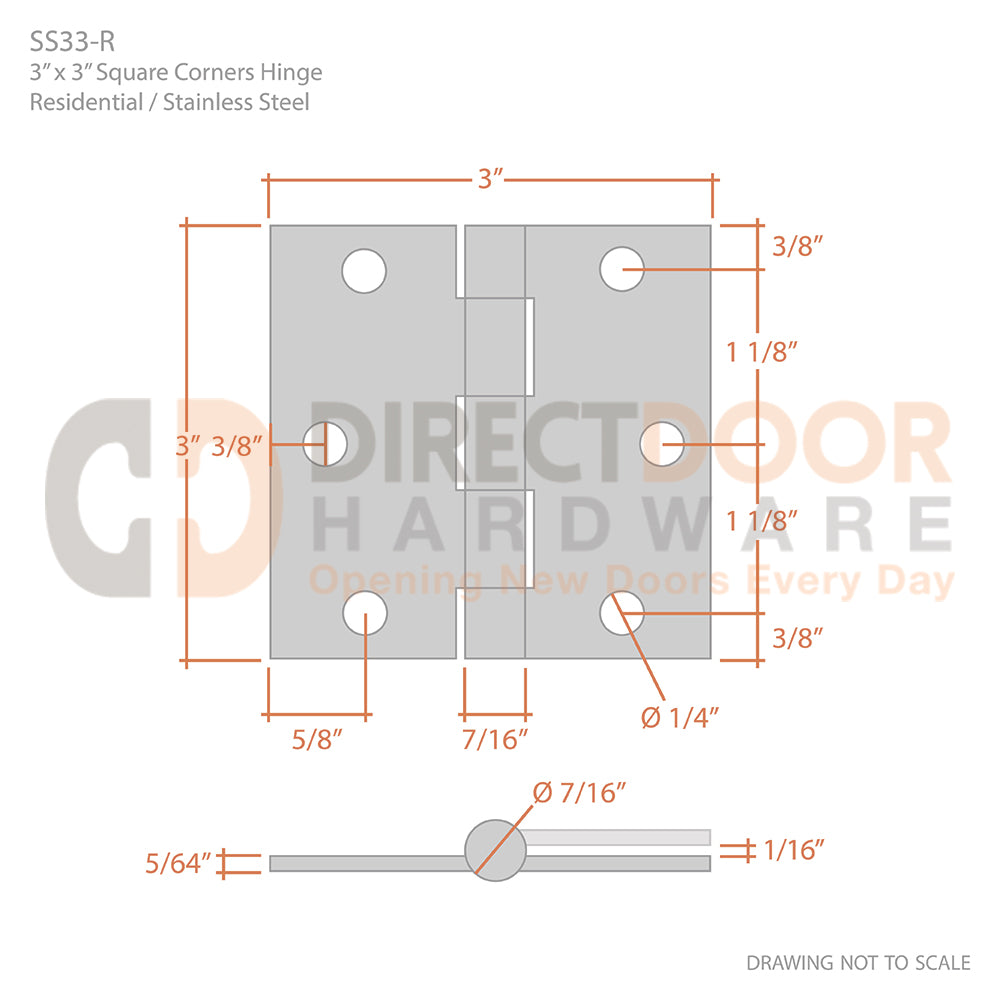 Measurements for Deltana 3" x 3" Stainless Steel Hinge