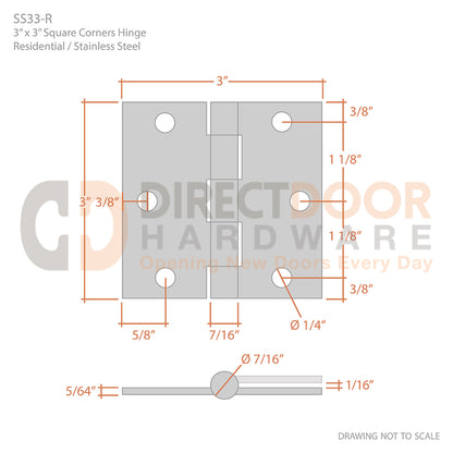 Measurements for Deltana 3" x 3" Stainless Steel Hinge