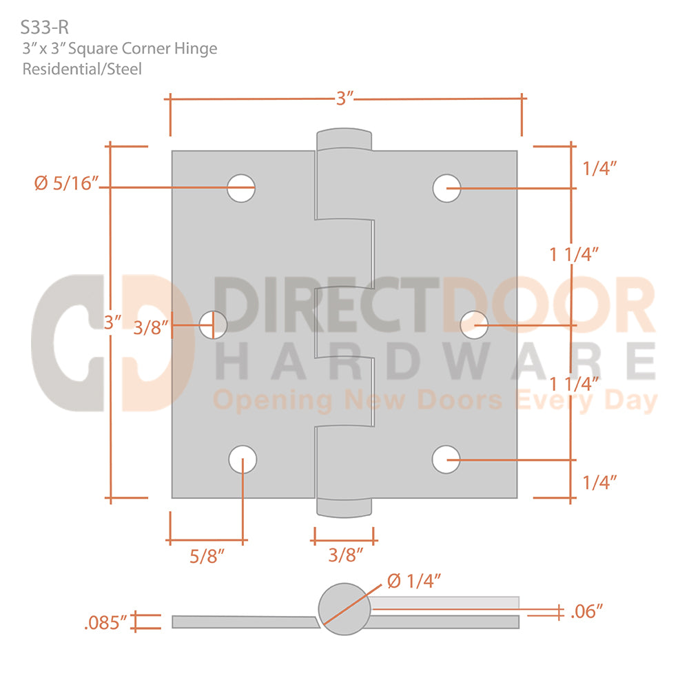 Deltana 3" x 3" Square Corner Steel Hinge Measurements