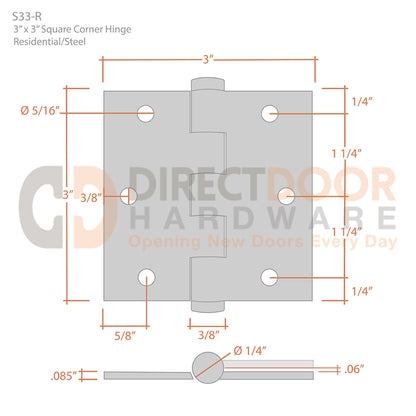 Deltana 3" x 3" Square Corner Steel Hinge Measurements