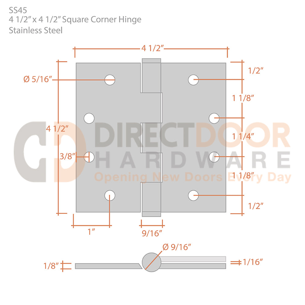 Measurements for Deltana 4 1/2" x 4 1/2" Square Corner Stainless Steel Hinge