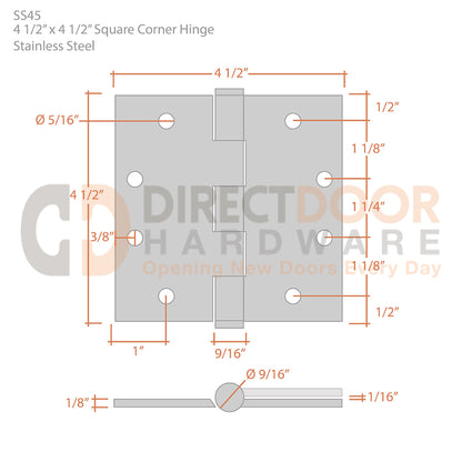 Measurements for Deltana 4 1/2" x 4 1/2" Square Corner Stainless Steel Hinge