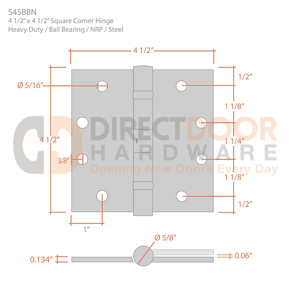Measurements for Deltana 4 1/2 x 4 1/2 Inch Steel Door Hinge