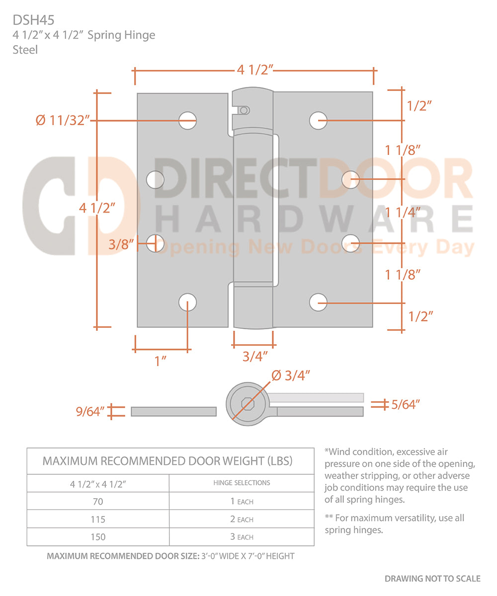 Measurements for Deltana 4" x 4"  Square Corner Spring Hinge