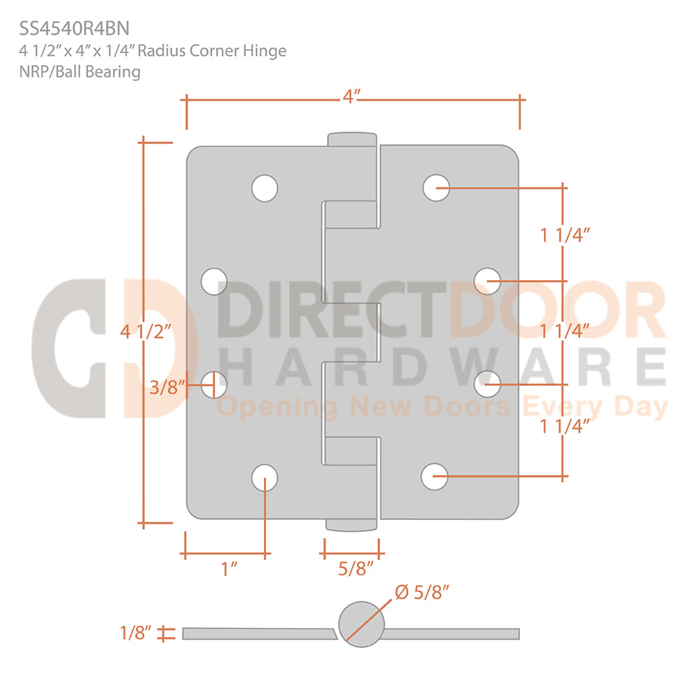Deltana 4 1/2" x 4" x 1/4" Radius Corner Stainless Steel Hinge Measurements