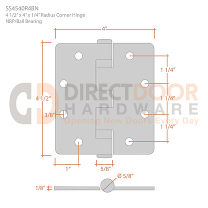 Deltana 4 1/2" x 4" x 1/4" Radius Corner Stainless Steel Hinge Measurements