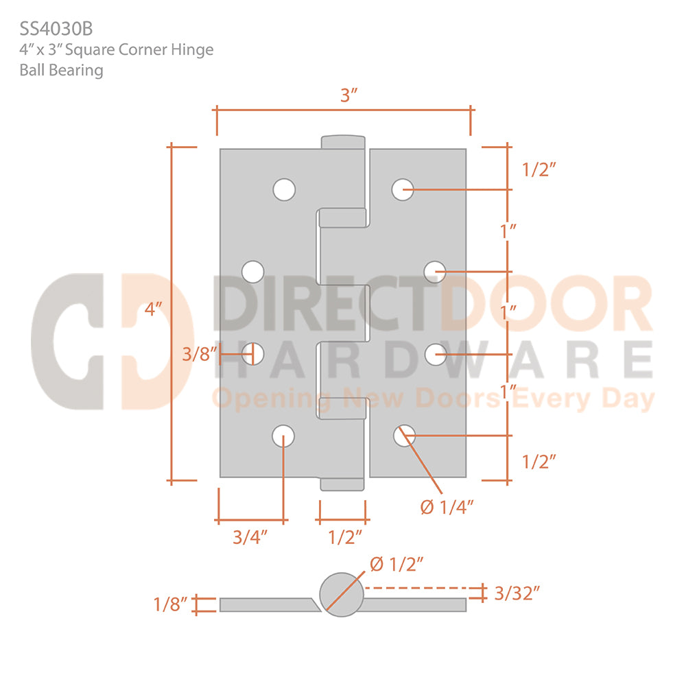 Deltana 4" x 3" Square Corner Stainless Steel Hinge Measurements