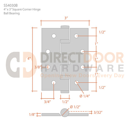 Deltana 4" x 3" Square Corner Stainless Steel Hinge Measurements