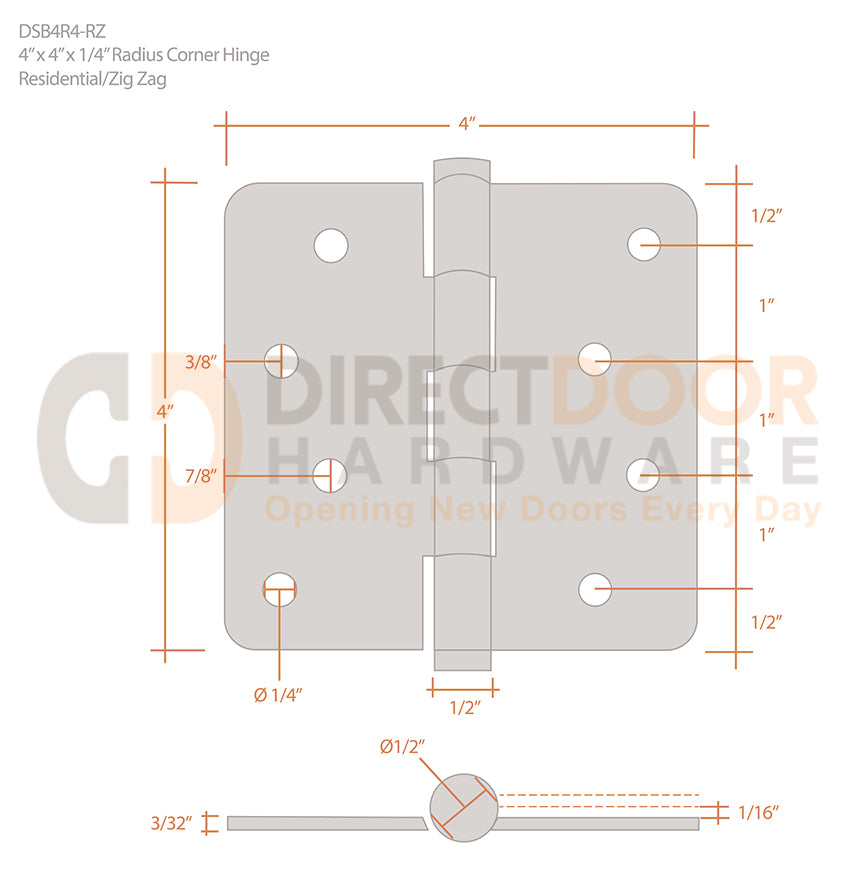 Deltana 4 x 4 Inch 1/4" Radius Corner Zig Zag Residential Hinge Measurements