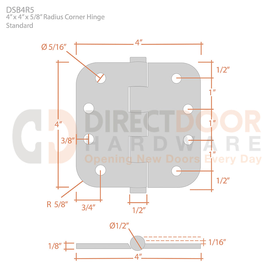 Deltana 4 x 4 Inch 5/8" Radius Corner Standard Hinge Measurements