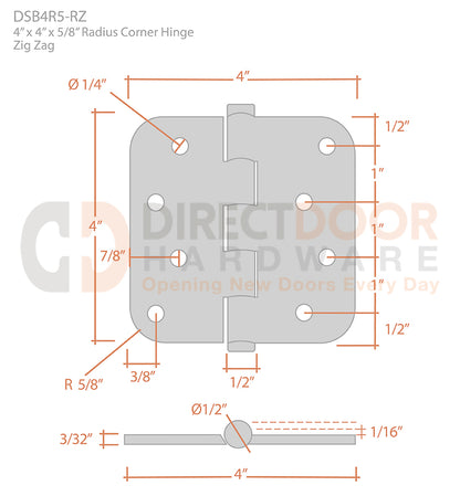 Deltana 4 x 4 Inch 5/8 Radius Corner Zig Zag Hinge Measurements