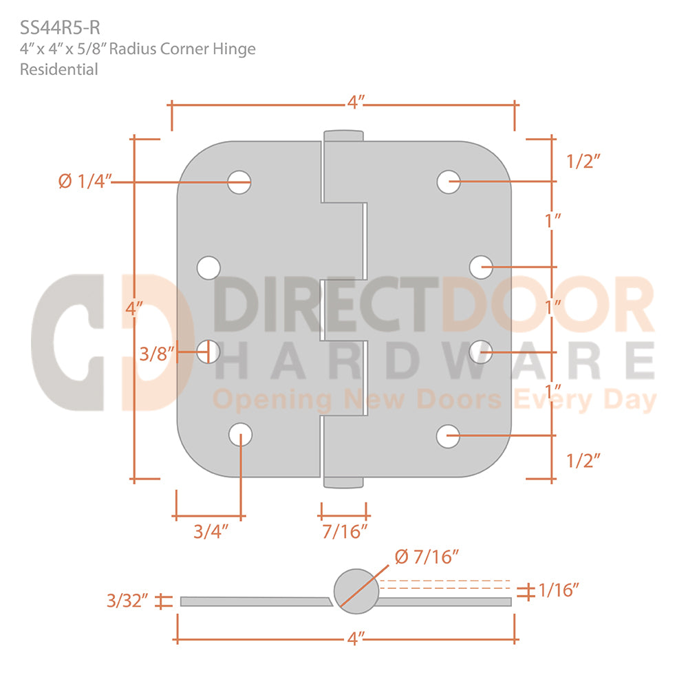 Deltana 4" x 4" x 5/8" Radius Corner Stainless Steel Hinge Measurements