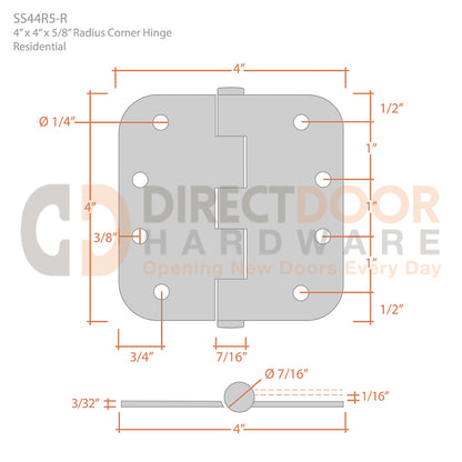 Deltana 4" x 4" x 5/8" Radius Corner Stainless Steel Hinge Measurements
