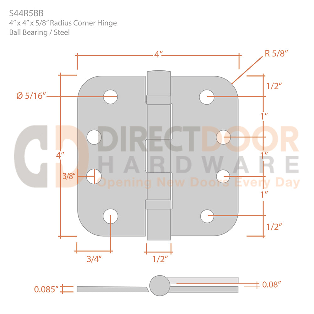 Measurements for Deltana 4 x 4 Inch Ball Bearing Door Hinge