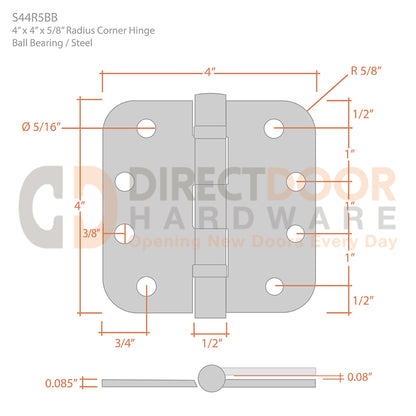 Measurements for Deltana 4 x 4 Inch Ball Bearing Door Hinge