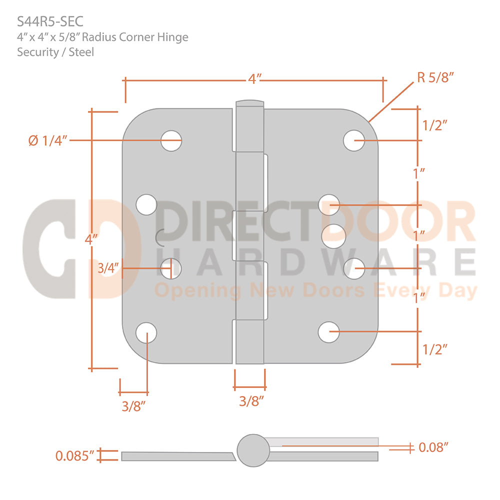 Measurements for Deltana 4 x 4 Inch Security Door Hinge