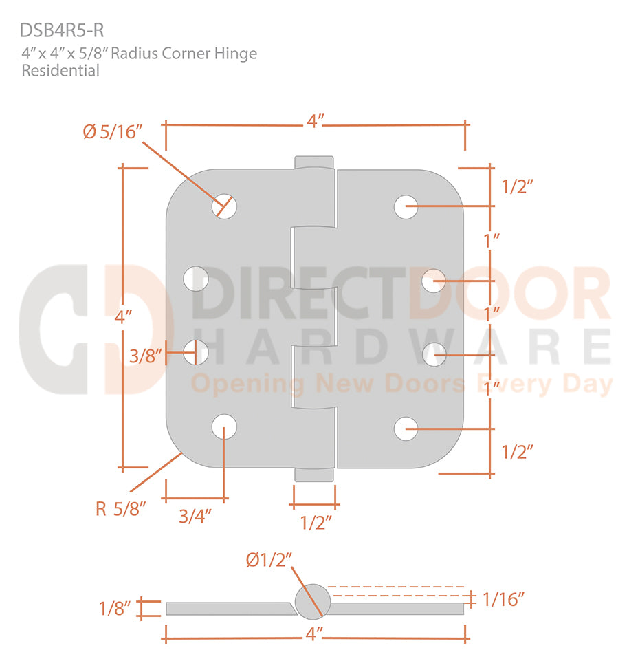 Deltana 4 x 4 Inch 5/8" Radius Corner Residential Hinge Measurements