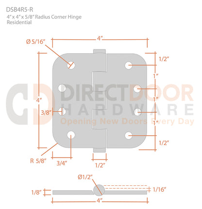 Deltana 4 x 4 Inch 5/8" Radius Corner Residential Hinge Measurements