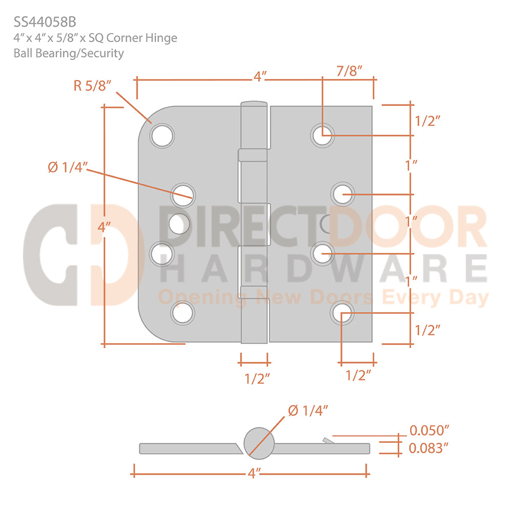 Deltana 4 x 4 Inch Stainless Steel 5/8 Inch Radius x Square Corner Ball Bearing Security Hinge Measurements