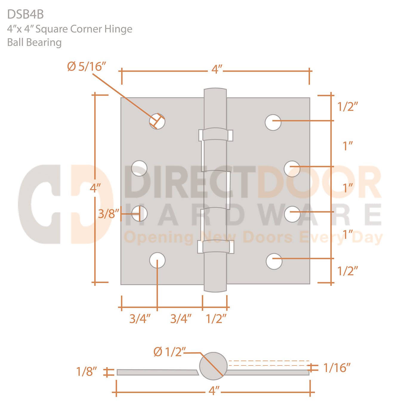 Deltana 4 x 4 Inch Square Corner Ball Bearing Hinge Measurements