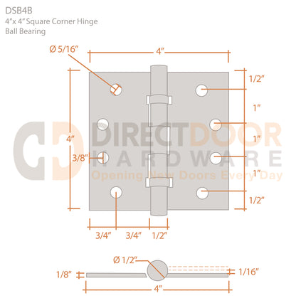 Deltana 4 x 4 Inch Square Corner Ball Bearing Hinge Measurements