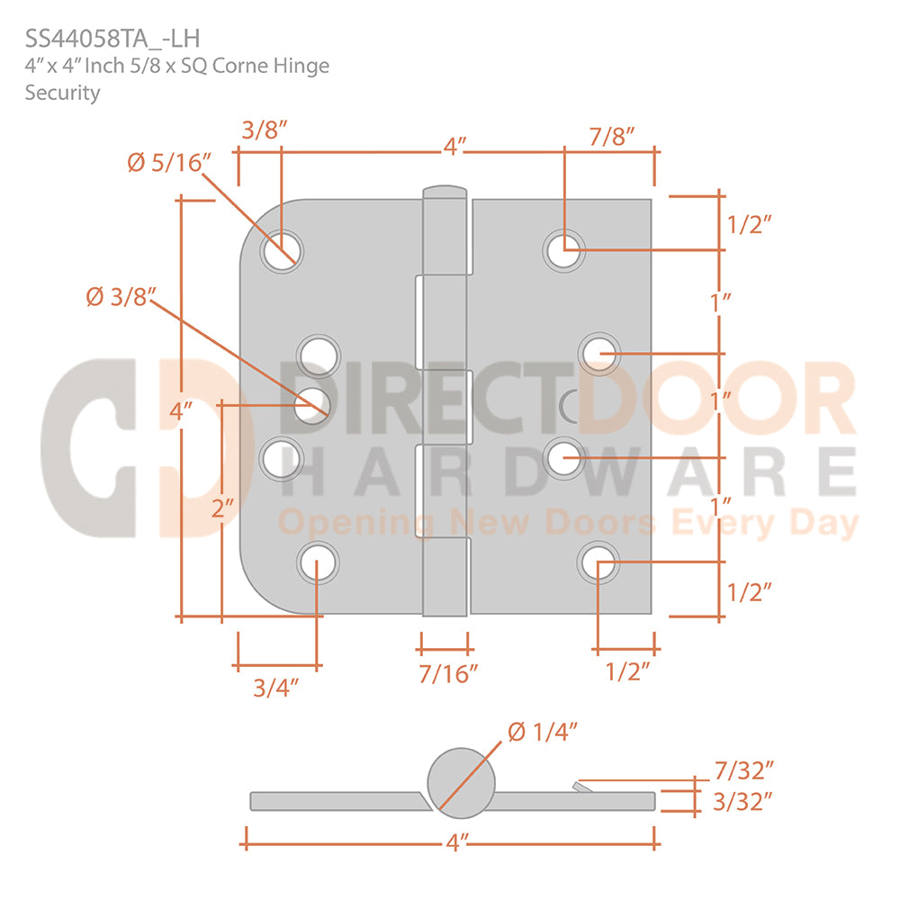 Deltana 4" x 4" x 5/8" x SQ Corner Security Hinge Measurements