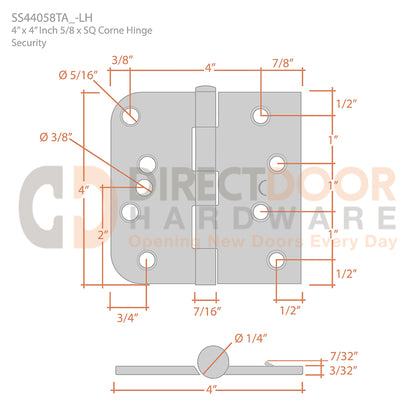 Deltana 4" x 4" x 5/8" x SQ Corner Security Hinge Measurements