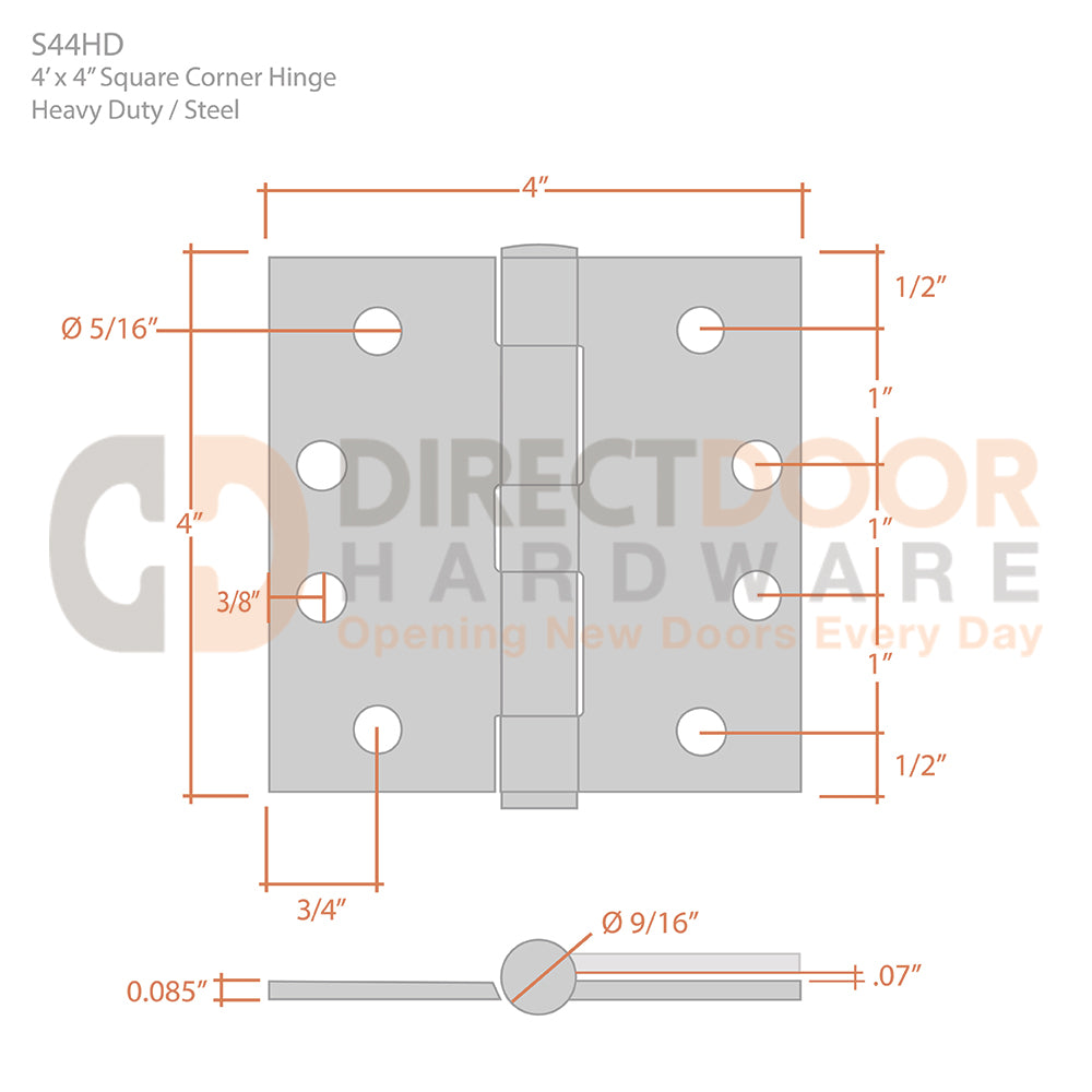 Measurements for Deltana 4 x 4 Inch Heavy Duty Steel Door Hinge