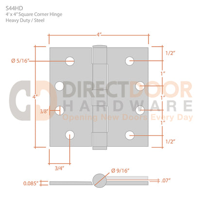 Measurements for Deltana 4 x 4 Inch Heavy Duty Steel Door Hinge