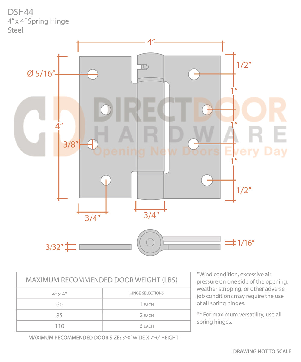 Measurements for Deltana 4" x 4" Square Corner Spring Hinge