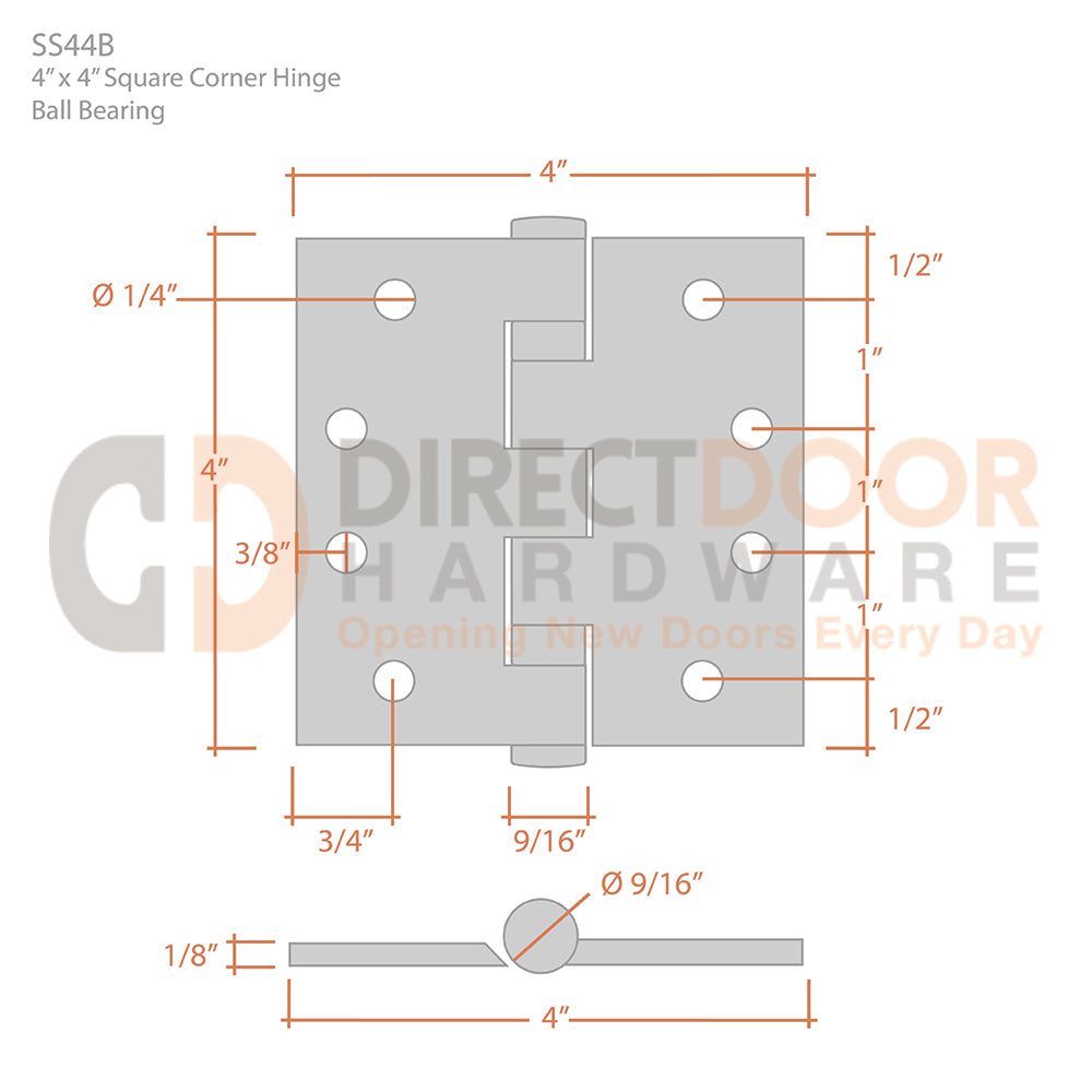 Deltana 4" x 4" Square Corner Stainless Steel Ball Bearing Hinge Measurements