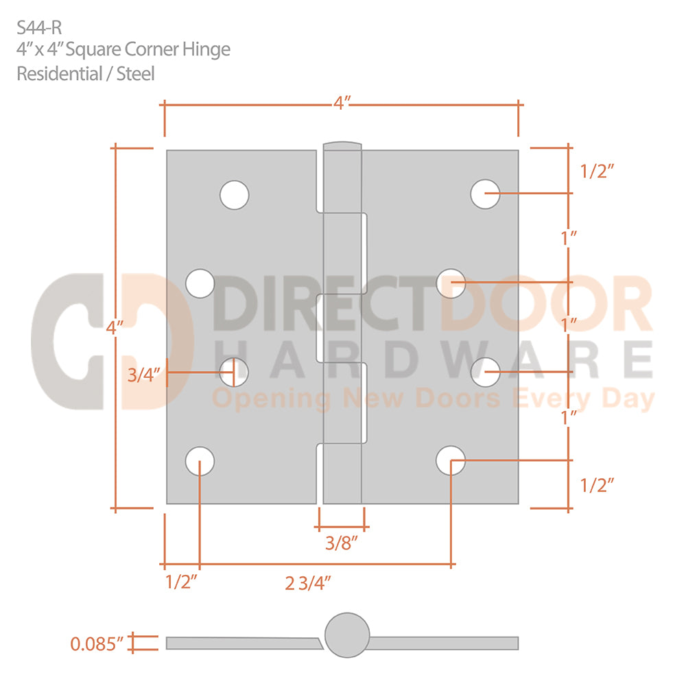 Measurements for Deltana 4 x 4 Inch Steel Door Hinge
