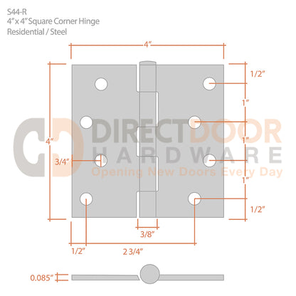 Measurements for Deltana 4 x 4 Inch Steel Door Hinge