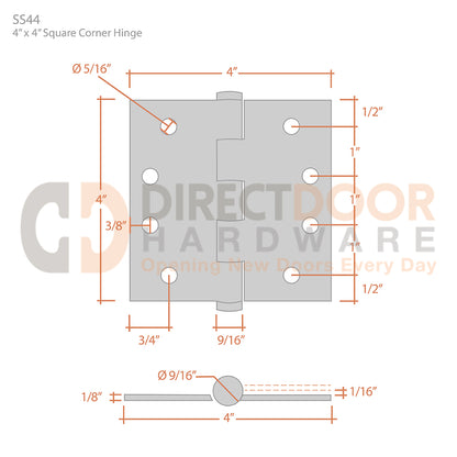 Deltana 4" x 4" Square Corner Stainless Steel Hinge Measurements