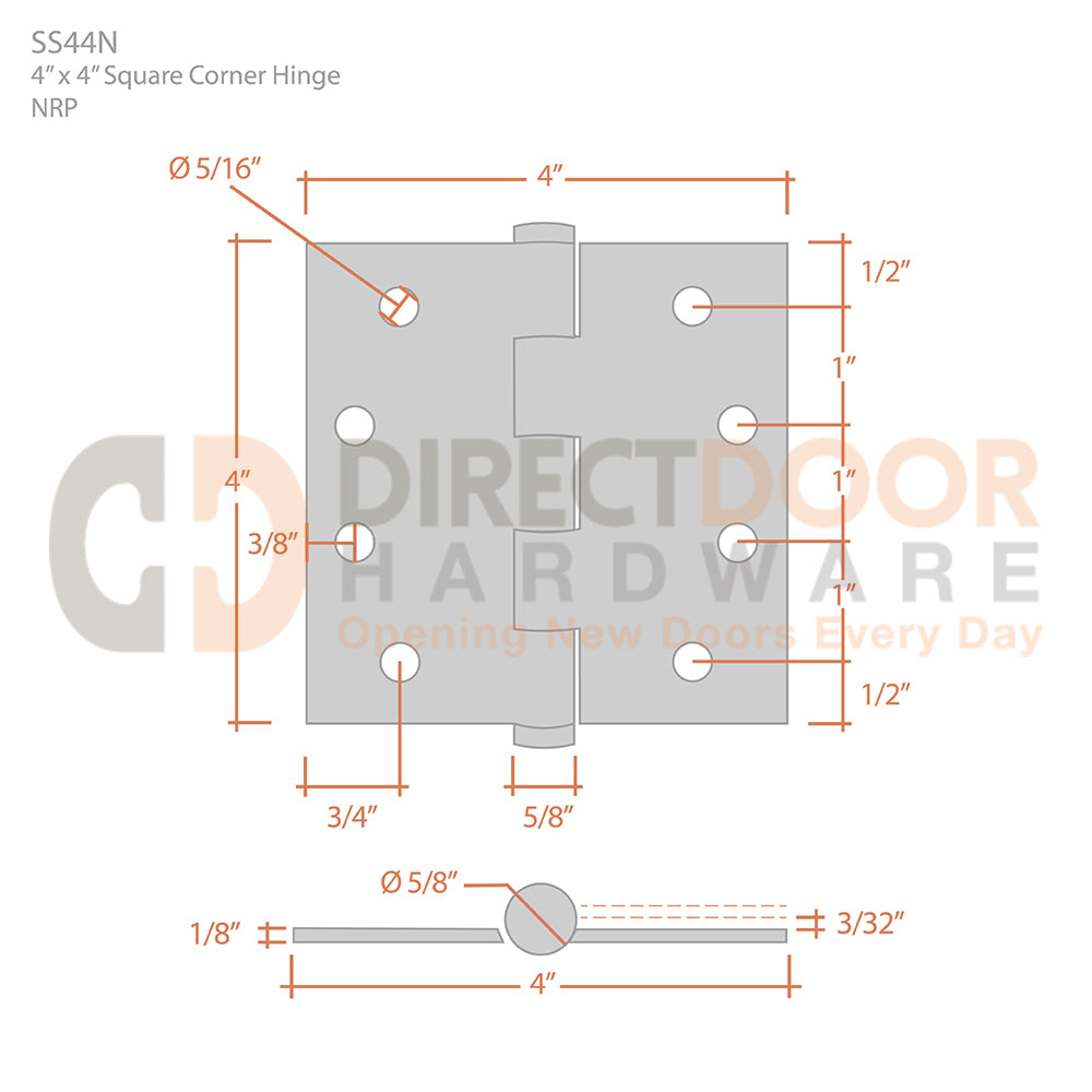 Deltana 4" x 4" Square Corner Stainless Steel NRP Hinge Measurements
