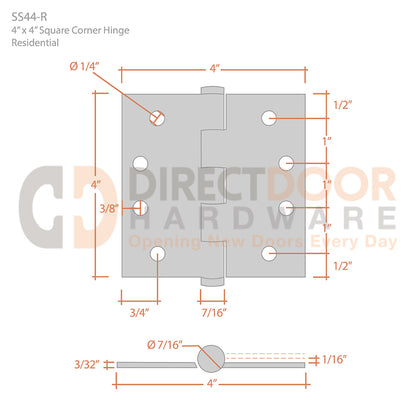 Deltana 4 x 4 Inch Stainless Steel Square Corner Residential Hinge - Pair