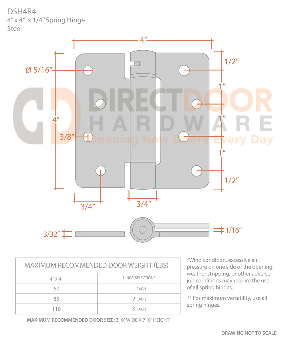 Measurements for Deltana 4" x 4" x 1/4" Radius Corner Spring Hinge