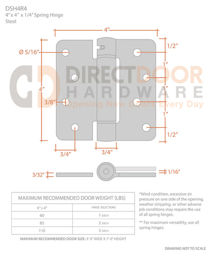 Measurements for Deltana 4" x 4" x 1/4" Radius Corner Spring Hinge
