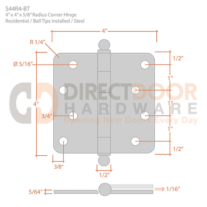 Measurements for 4" x 4" x 1/4" Radius Corner with Ball Tips